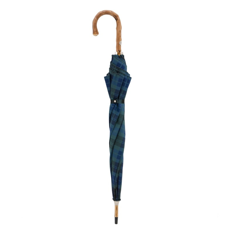PASOTTI Blue Check Umbrella with Wooden Handle