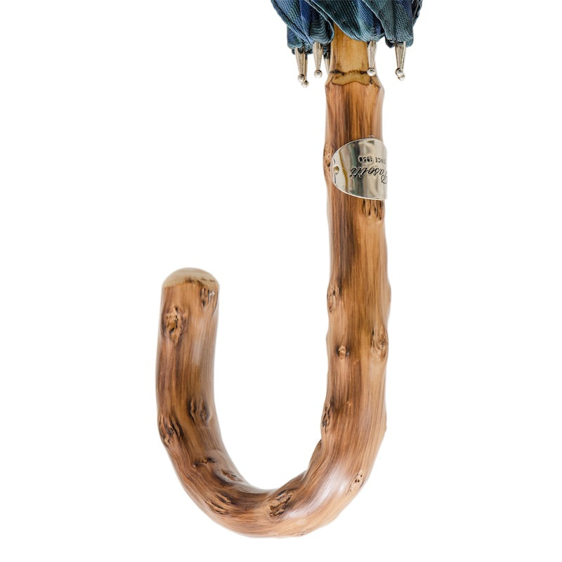 PASOTTI Blue Check Umbrella with Wooden Handle