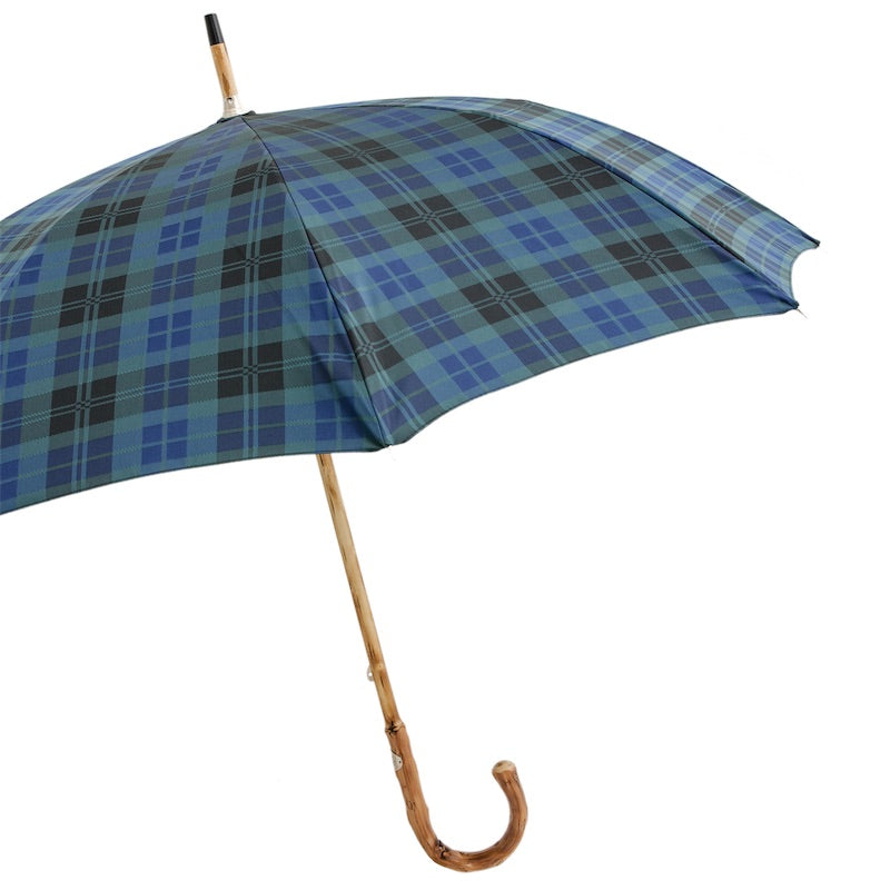 PASOTTI Blue Check Umbrella with Wooden Handle