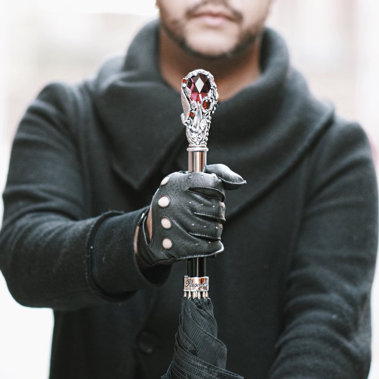 PASOTTI Black Mens Umbrella with Luxury Red Gem Handle