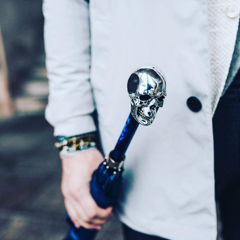 PASOTTI Navy Umbrella with Studs and Silver Skull Handle