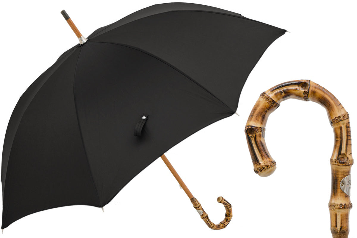 PASOTTI Oxford Black Umbrella with Bamboo Handle