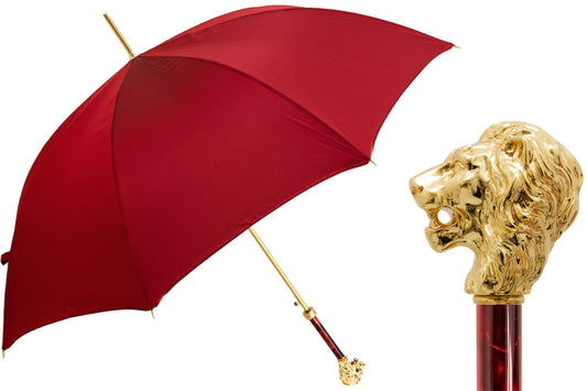 PASOTTI Red Umbrella with Gold Lion Handle, with Case and Ring