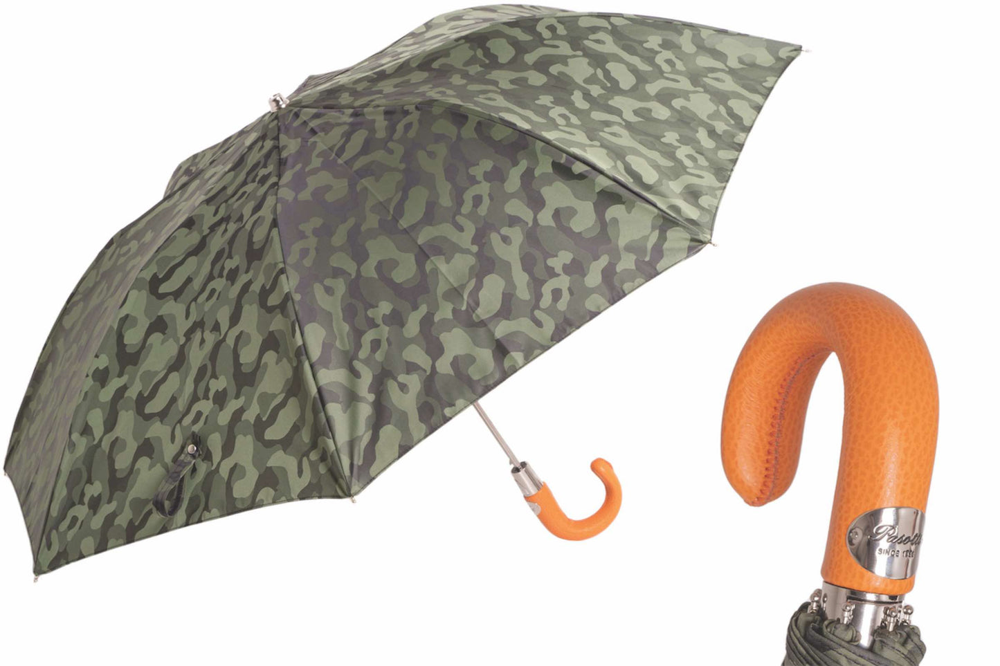 PASOTTI Camouflage Folding Umbrella with Orange Leather Handle