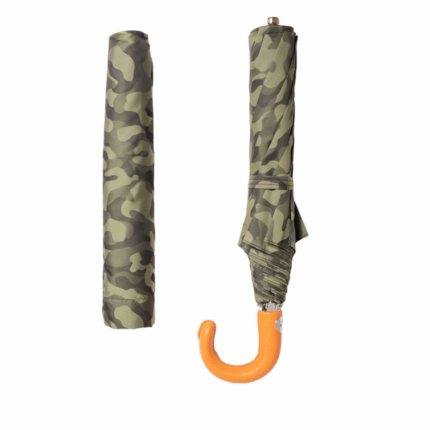 PASOTTI Camouflage Folding Umbrella with Orange Leather Handle