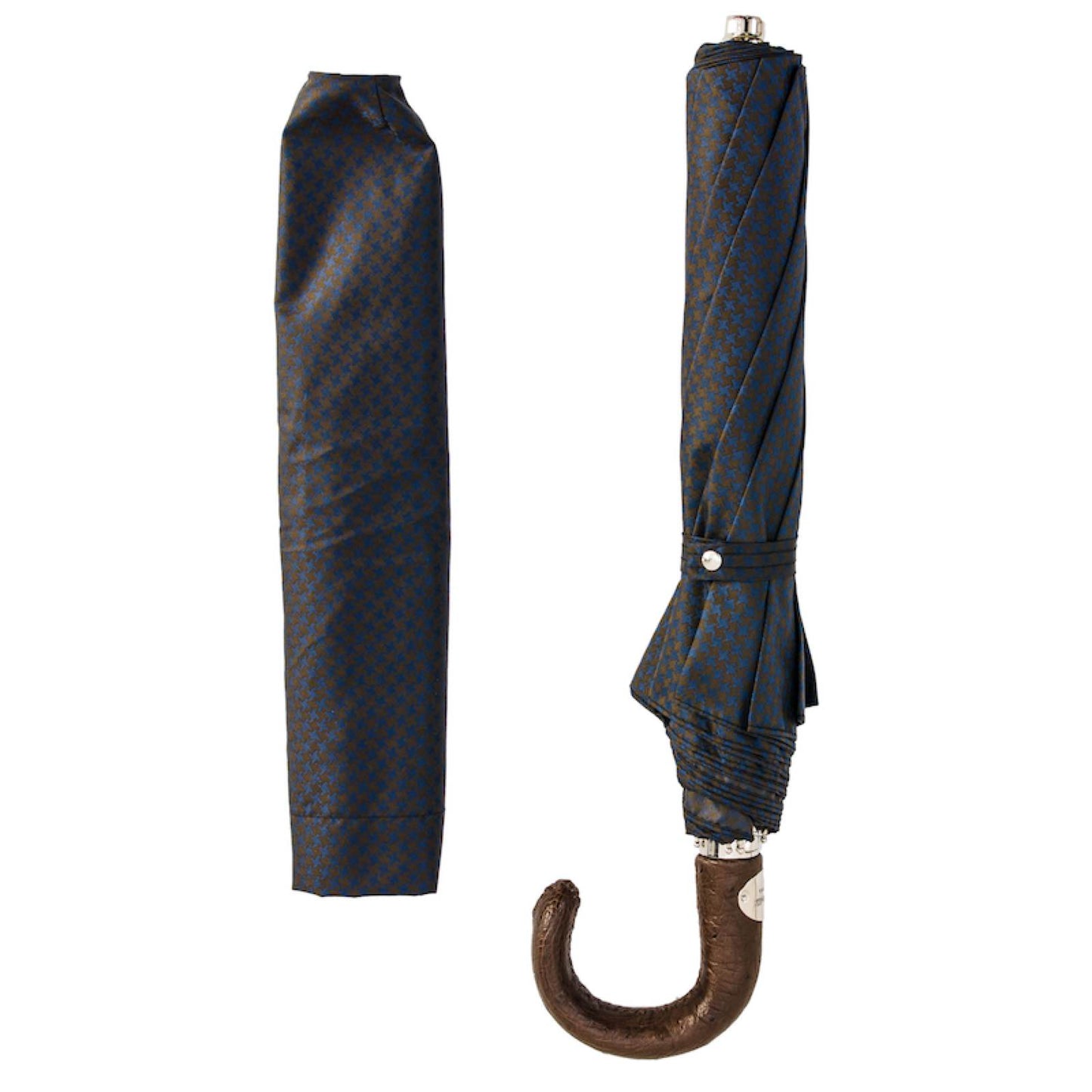 PASOTTI Brown & Navy Folding Umbrella with Ostrich Leather