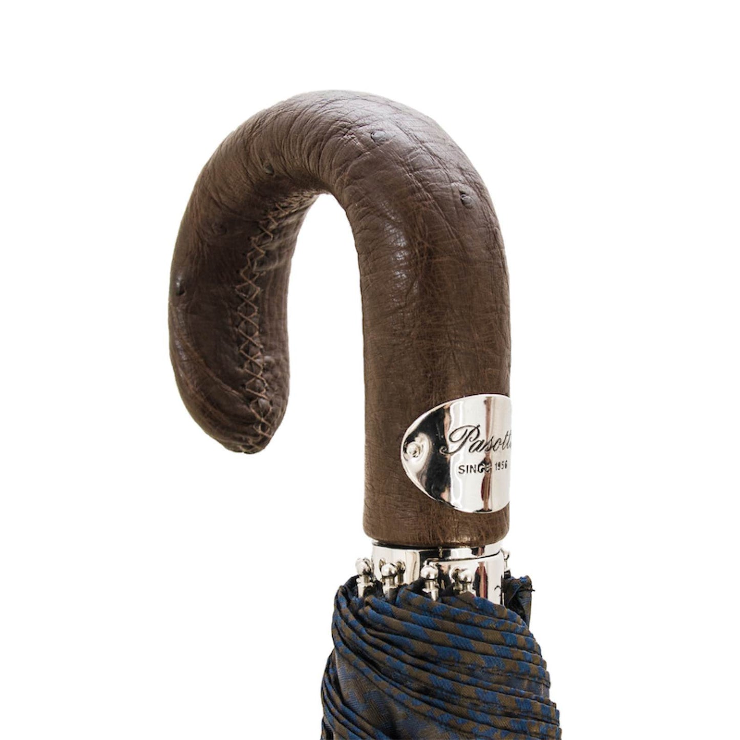PASOTTI Brown & Navy Folding Umbrella with Ostrich Leather