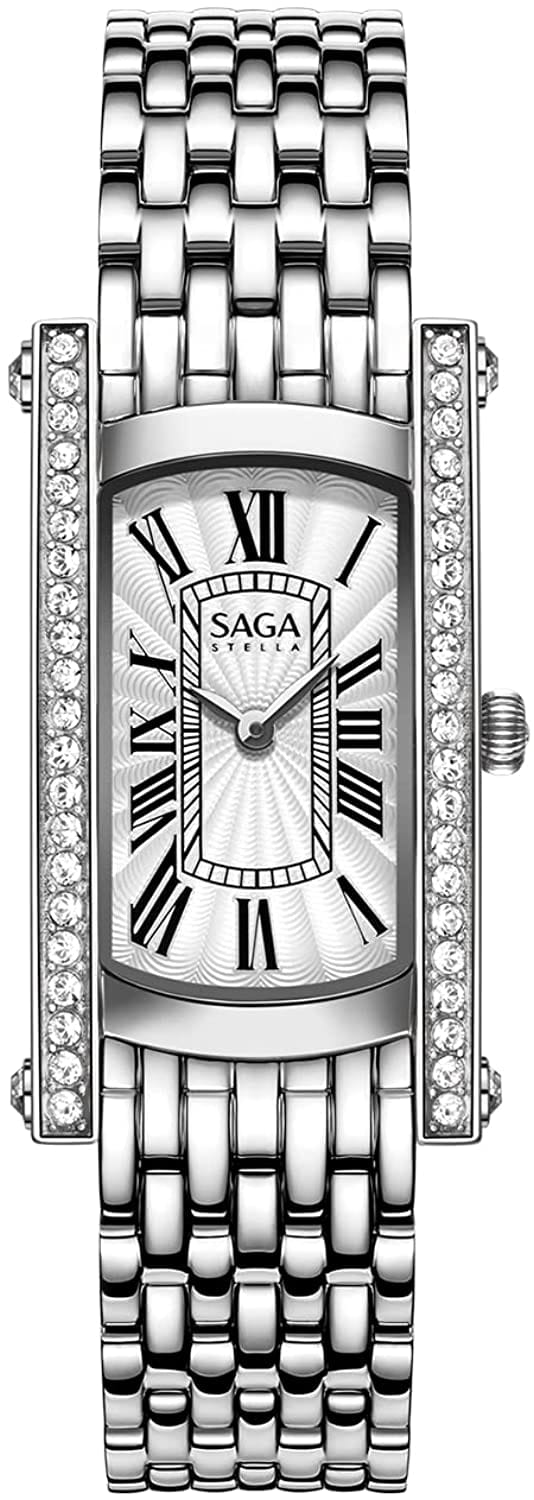 SAGA Women's Vintage Fashion Watch Rectangle 316L Stainless Steel Quartz Ladies Crystal