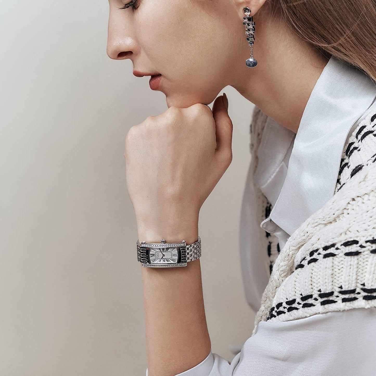 SAGA Women's Vintage Fashion Watch Rectangle 316L Stainless Steel Quartz Ladies Crystal