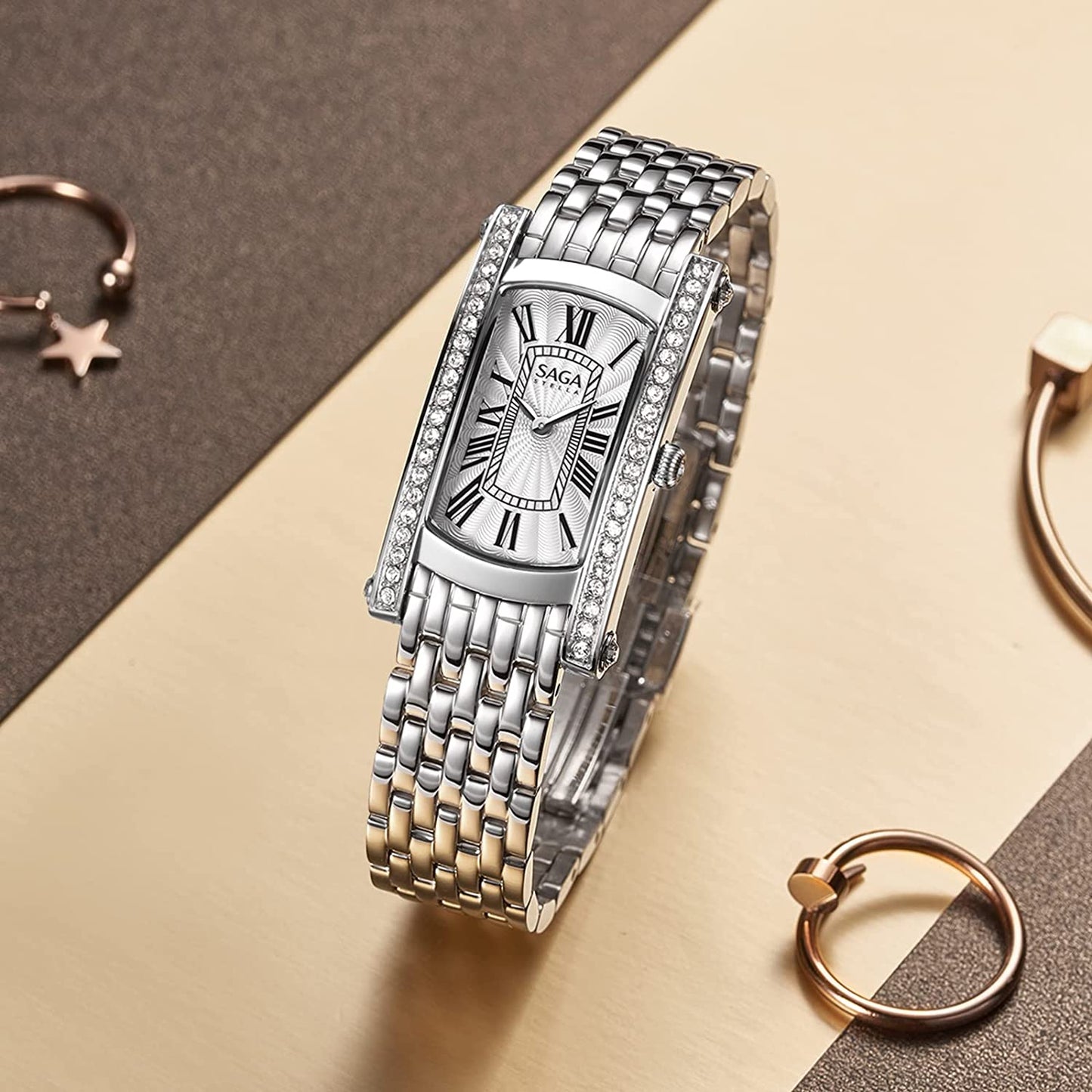 SAGA Women's Vintage Fashion Watch Rectangle 316L Stainless Steel Quartz Ladies Crystal