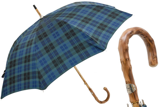 PASOTTI Blue Check Umbrella with Wooden Handle