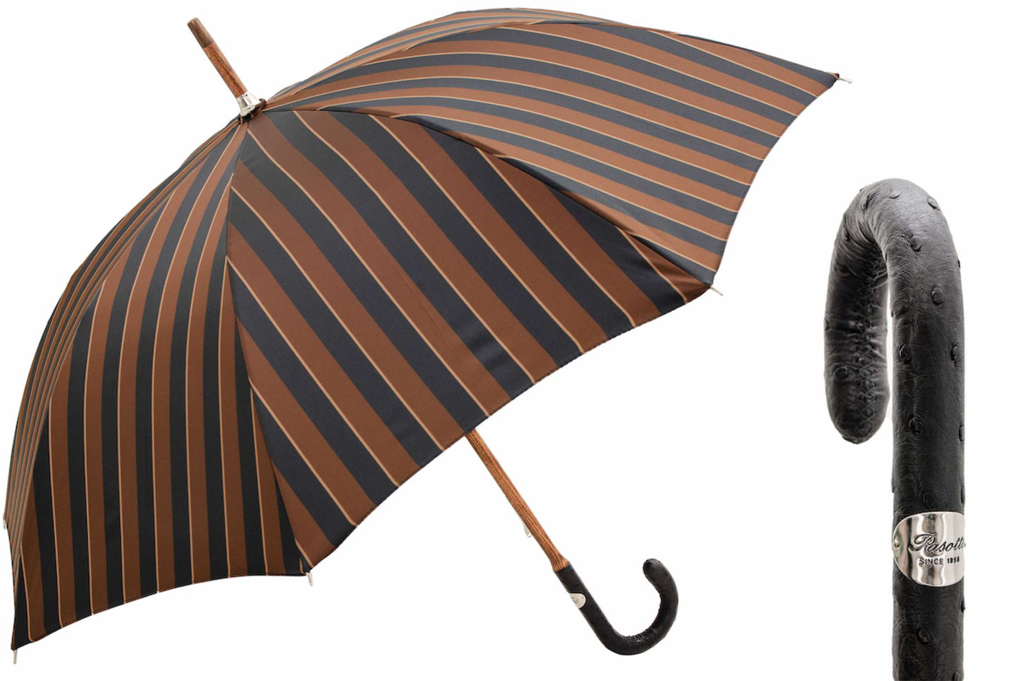 PASOTTI LARGE STRIPED UMBRELLA WITH OSTRICH LEATHER HANDLE