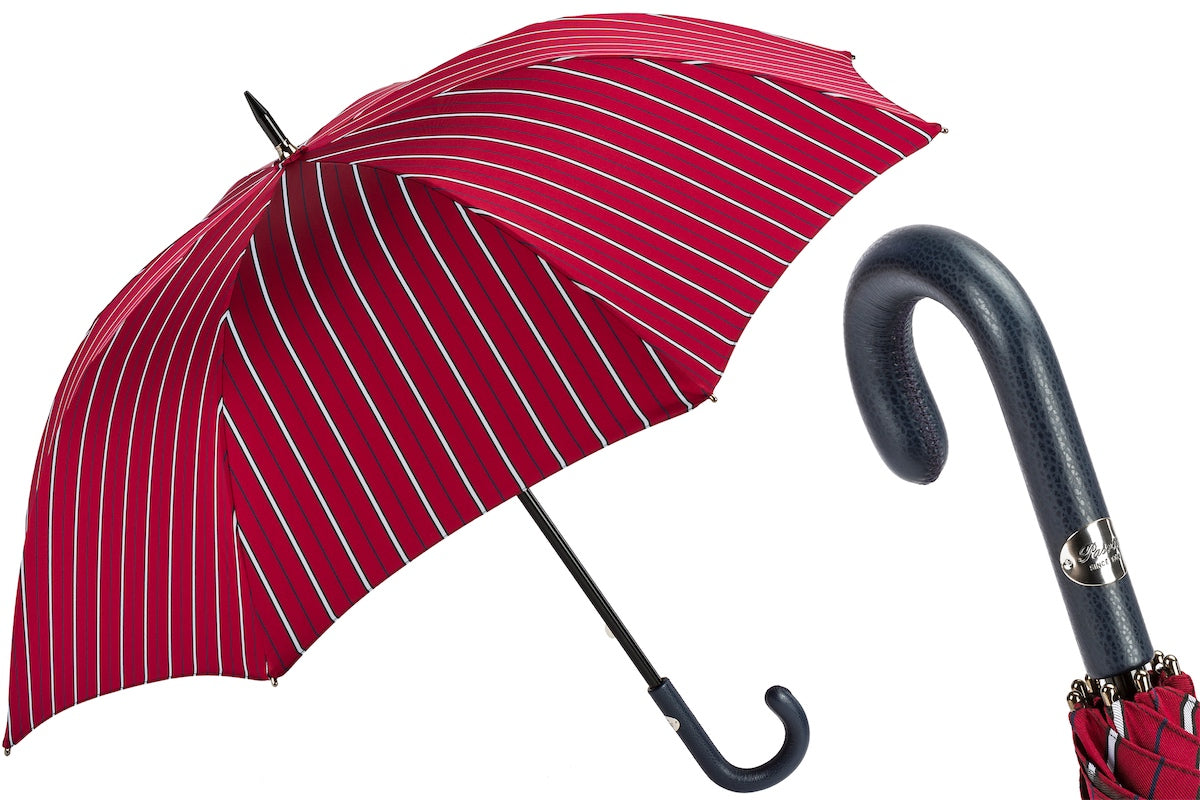 PASOTTI LARGE STRIPED UMBRELLA, LEATHER HANDLE