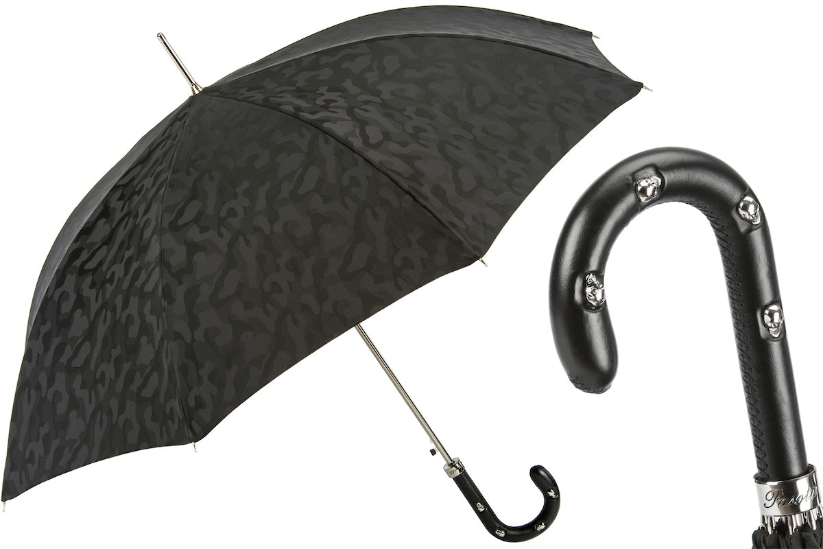 PASOTTI BLACK CAMOUFLAGE UMBRELLA, LEATHER HANDLE WITH SKULLS