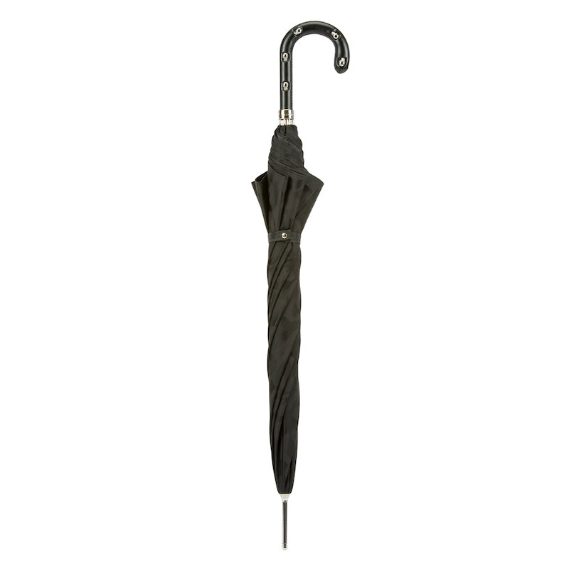 PASOTTI BLACK CAMOUFLAGE UMBRELLA, LEATHER HANDLE WITH SKULLS