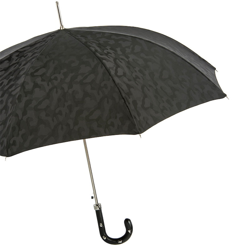 PASOTTI BLACK CAMOUFLAGE UMBRELLA, LEATHER HANDLE WITH SKULLS