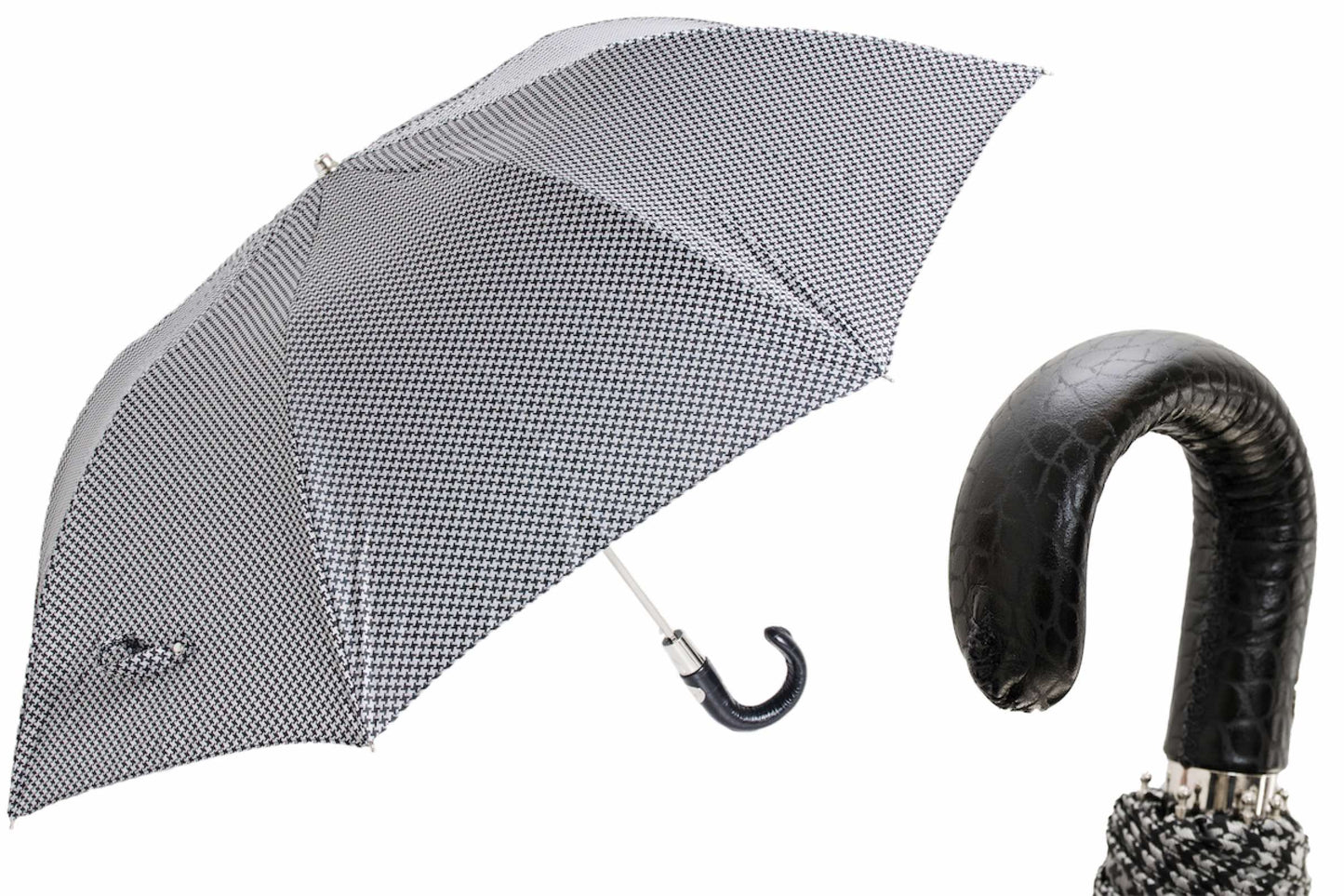 PASOTTI Pied de Poule Folding Umbrella with Leather Handle