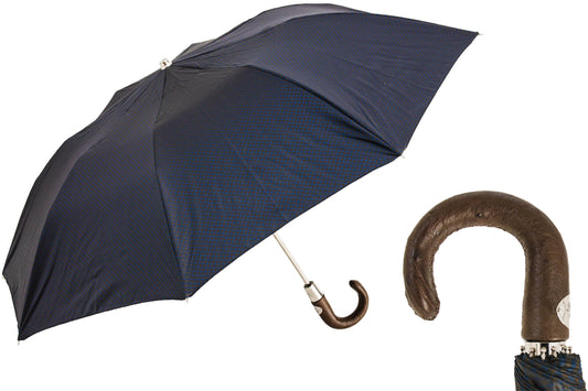 PASOTTI Brown & Navy Folding Umbrella with Ostrich Leather