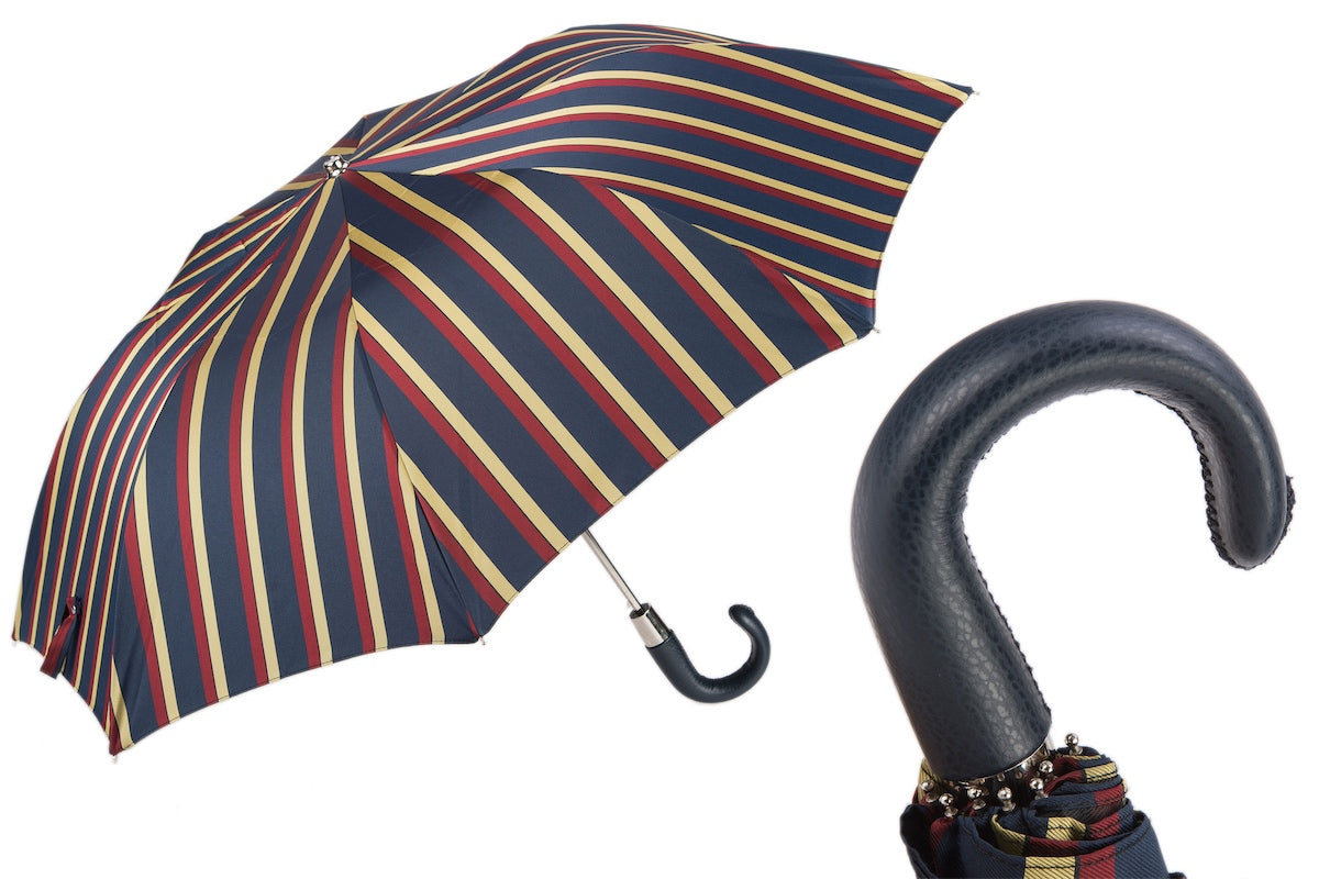 PASOTTI STRIPED FOLDING UMBRELLA, LEATHER HANDLE