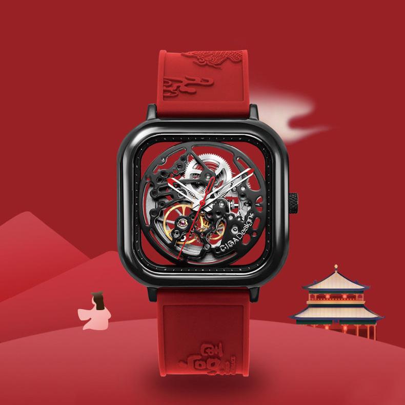 سيجا-تصميم-إصدار محدود-سيراميك-كامل-مجوف-أوتوماتيك-ميكانيك-هيكل عظمي-ساعة يد-غروب-أحمر